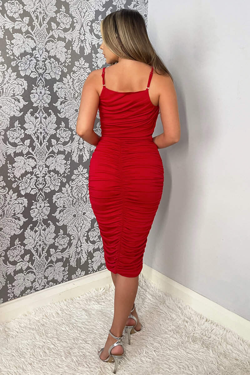Red Ruched Pleated Top Midi Dress - Image 4