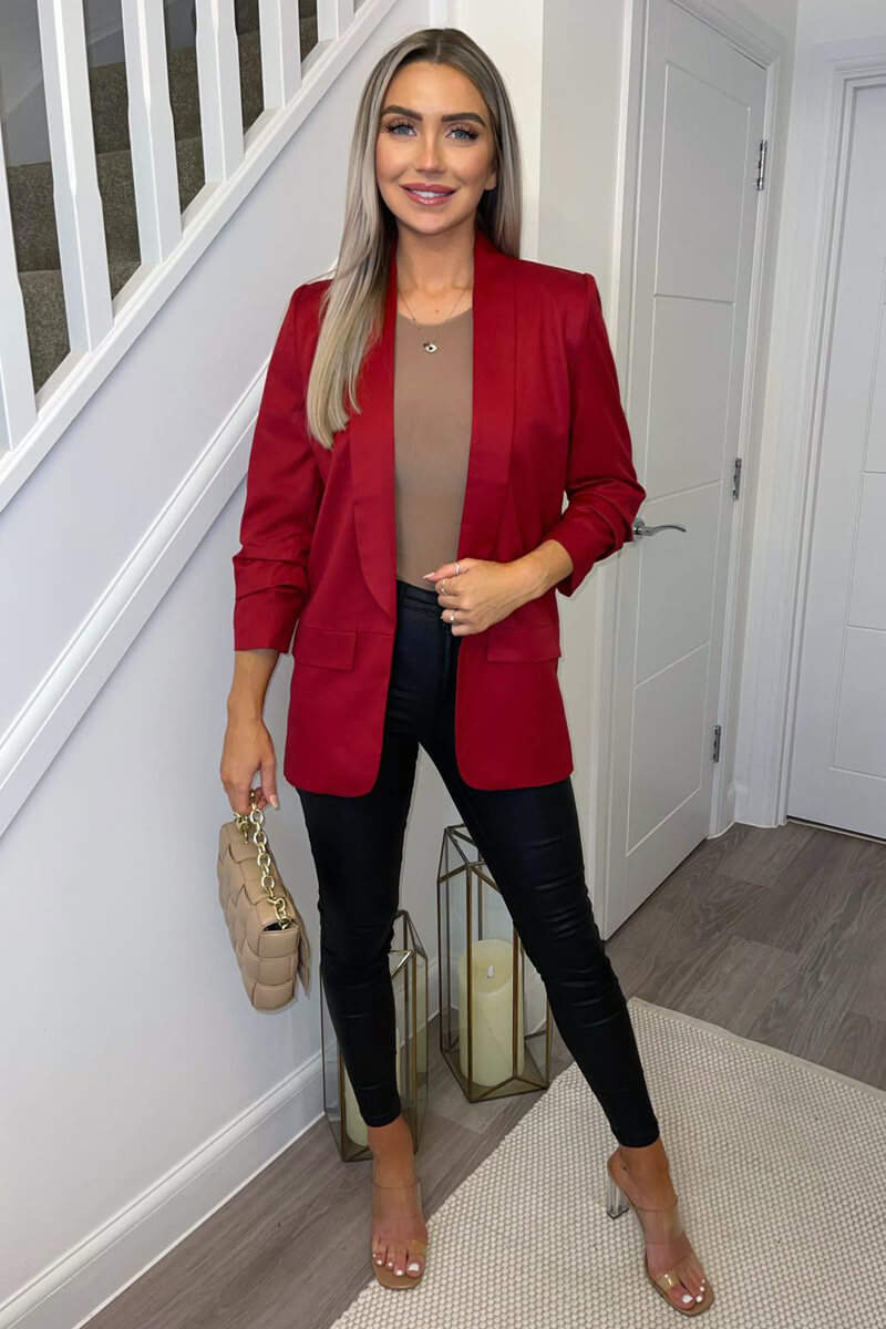 Red Ruched Sleeve Blazer - Image 3