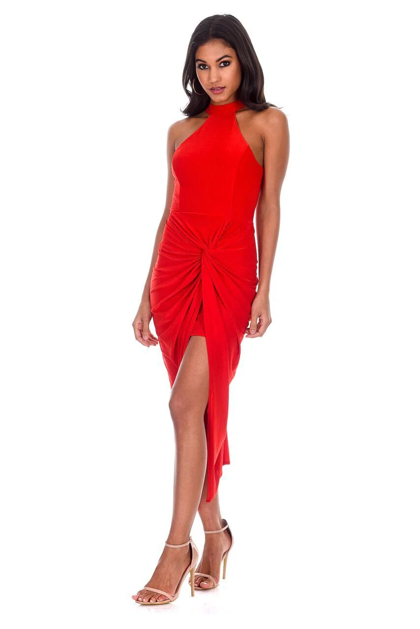 Red Ruched Wrap Over Dress - Image 2