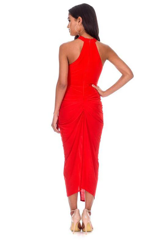 Red Ruched Wrap Over Dress - Image 3