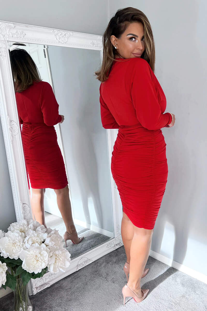 Red Ruched Wrap Top Midi Dress - Image 4