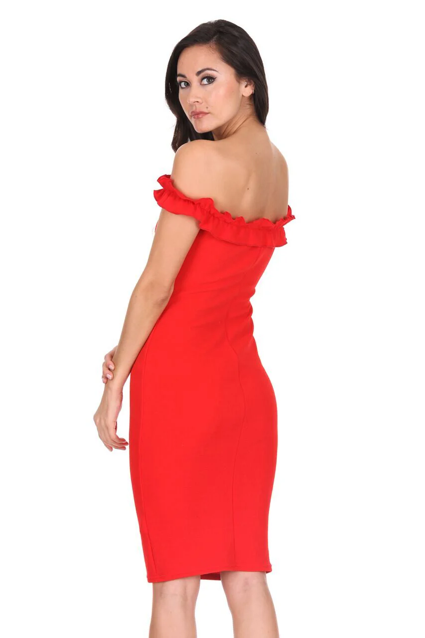 Red Ruffle Bardot Midi Dress - Image 3