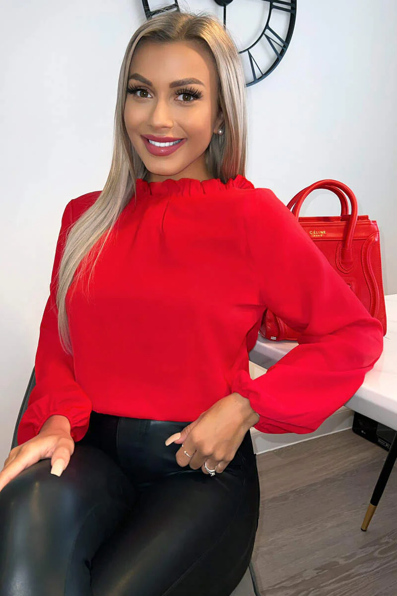 Red Ruffle High Neck Long Sleeve Top - Image 4