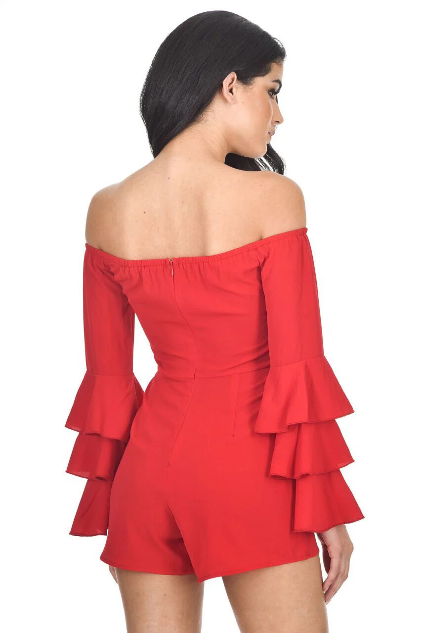 Red Ruffle Sleeve Playsuit - Image 3