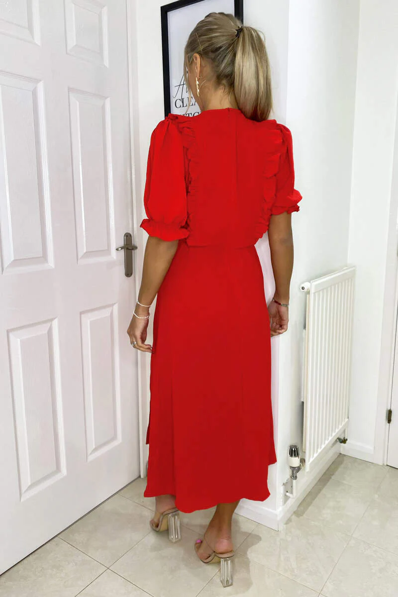Red Ruffle Split Leg Midi Dress - Image 4