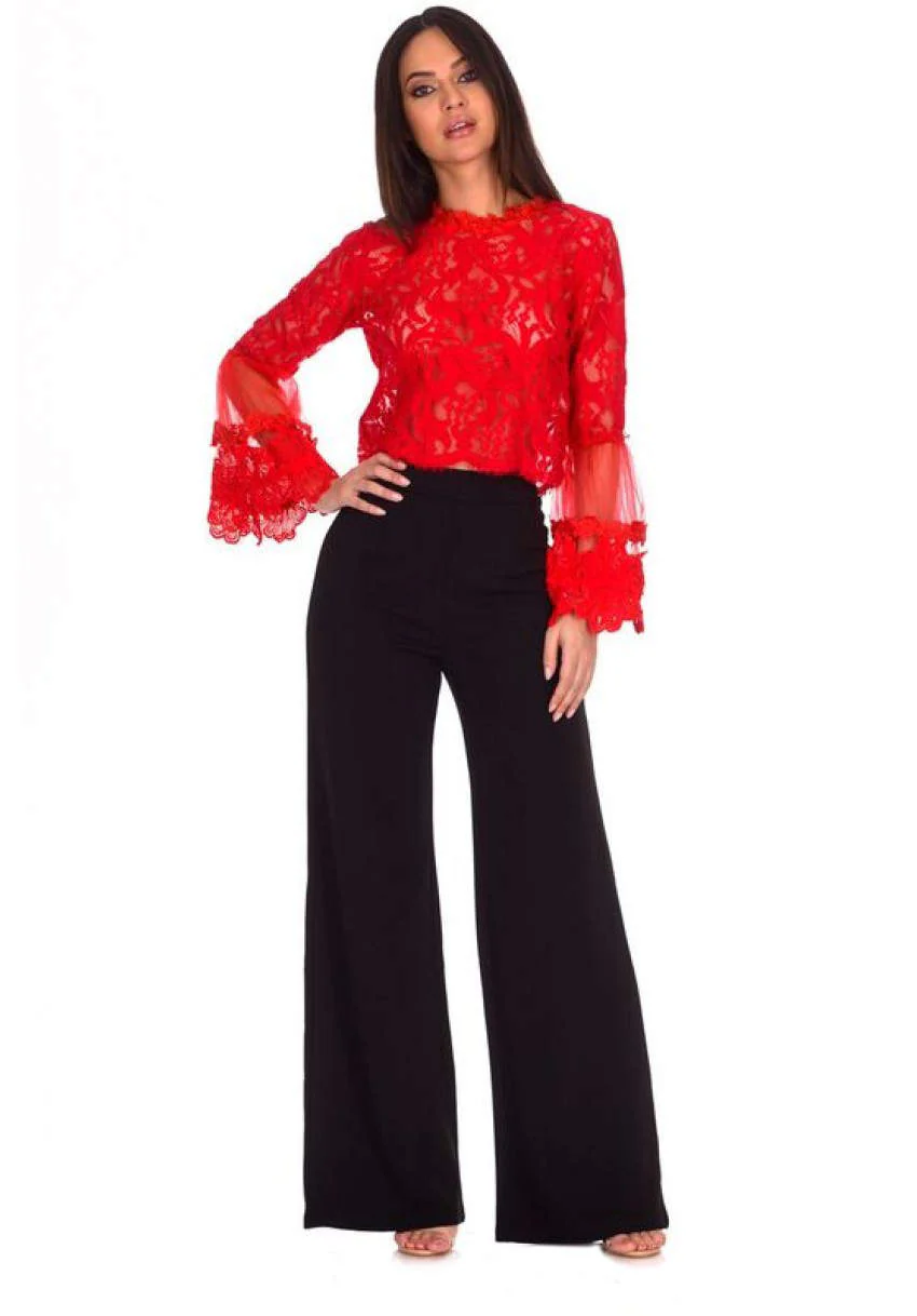Red Sheer Lace Long Sleeve Top - Image 2