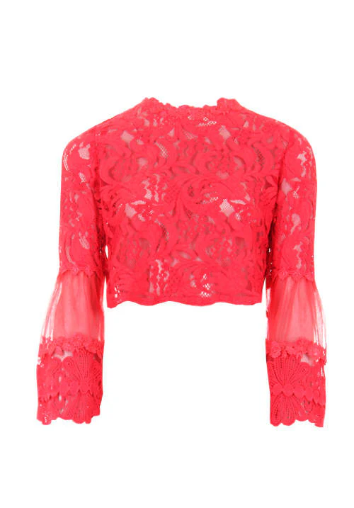 Red Sheer Lace Long Sleeve Top - Image 4