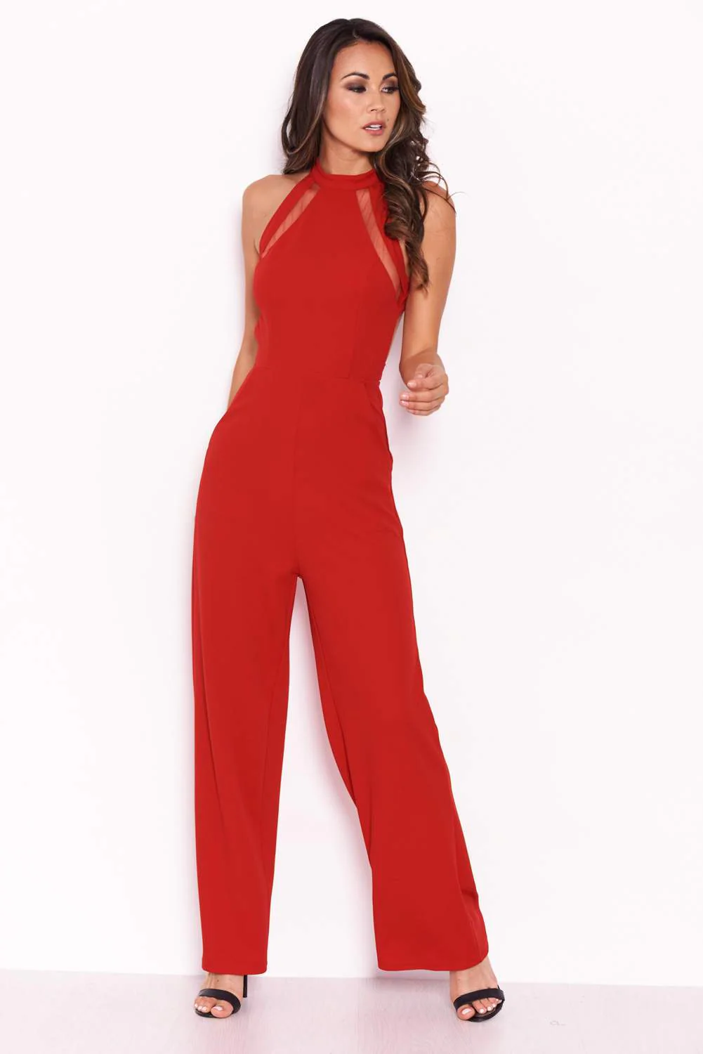 Red Sheer Paneled Jumpsuit With Cut Out Detailing - Image 2
