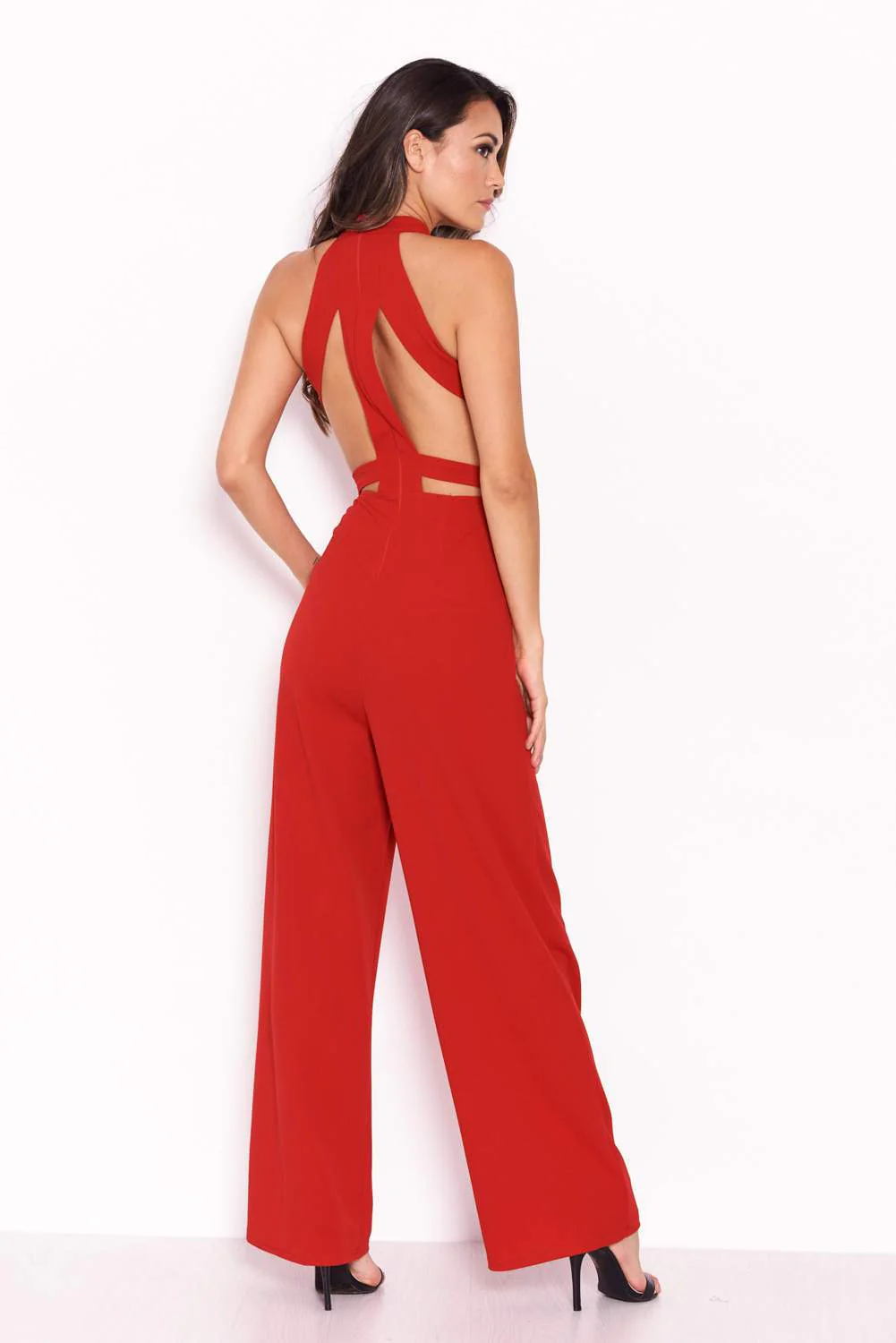 Red Sheer Paneled Jumpsuit With Cut Out Detailing - Image 3