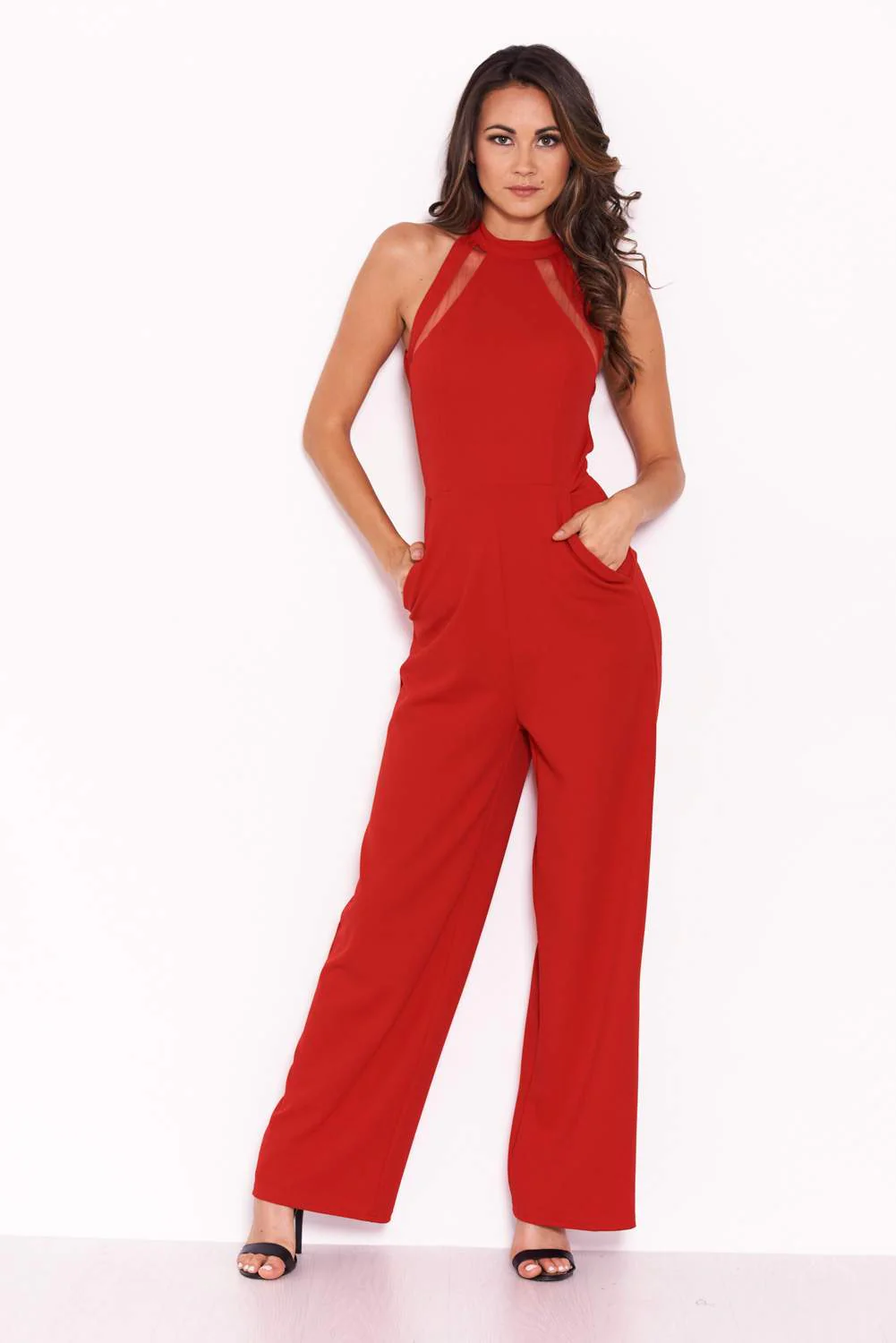 Red Sheer Paneled Jumpsuit With Cut Out Detailing - Image 4