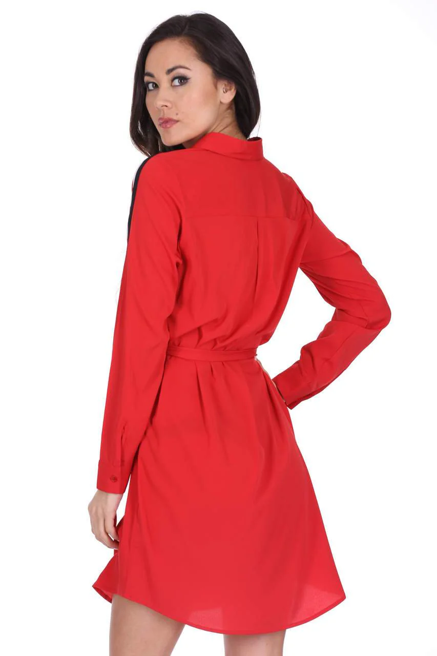 Red Shirt Dress With Stripe Detail And Tie Waist - Image 3