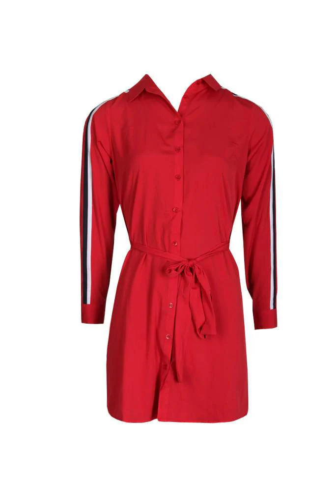 Red Shirt Dress With Stripe Detail And Tie Waist - Image 4