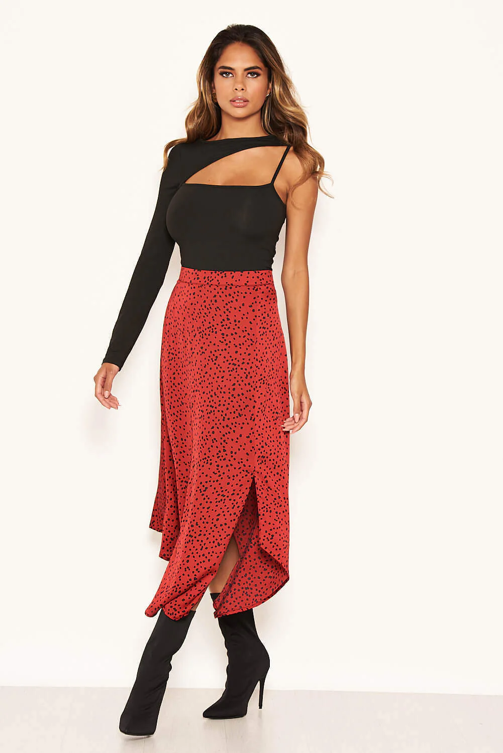 Red Spotty Asymmetric Midi Skirt - Image 3