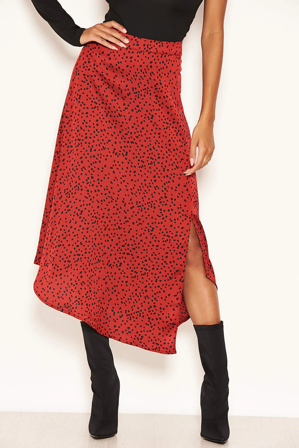Red Spotty Asymmetric Midi Skirt - Image 6