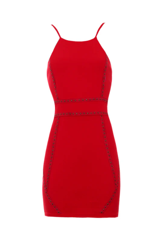 Red Strappy Stud Front Bodycon Mini Dress - Image 4