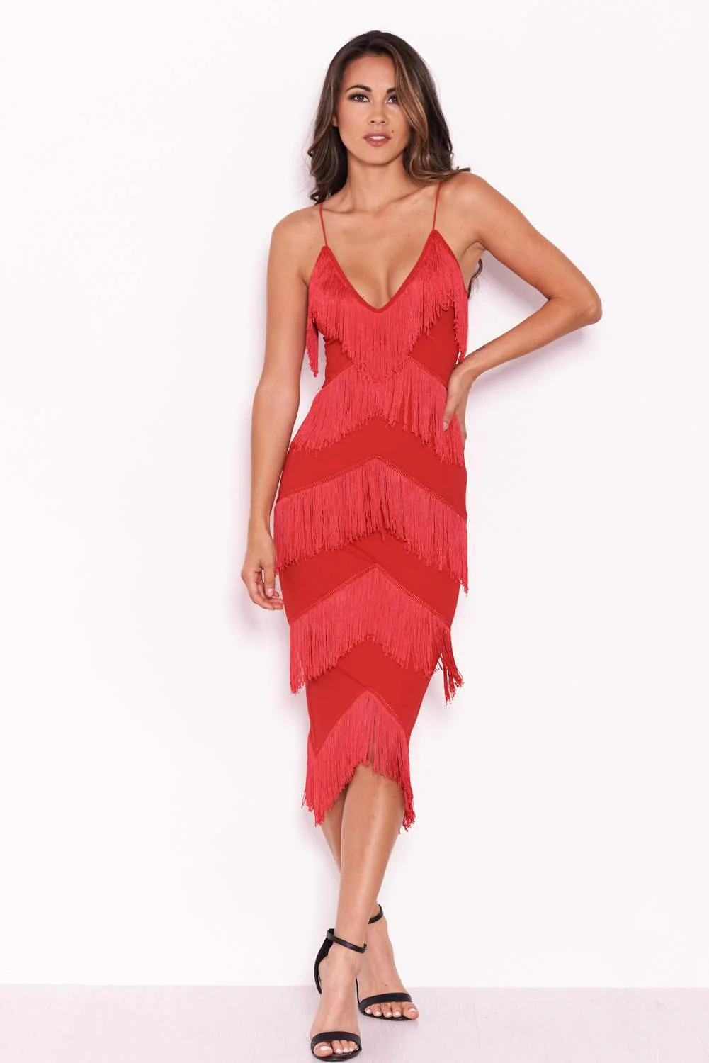 Red Tassel V Neck Midi Dress - Image 2