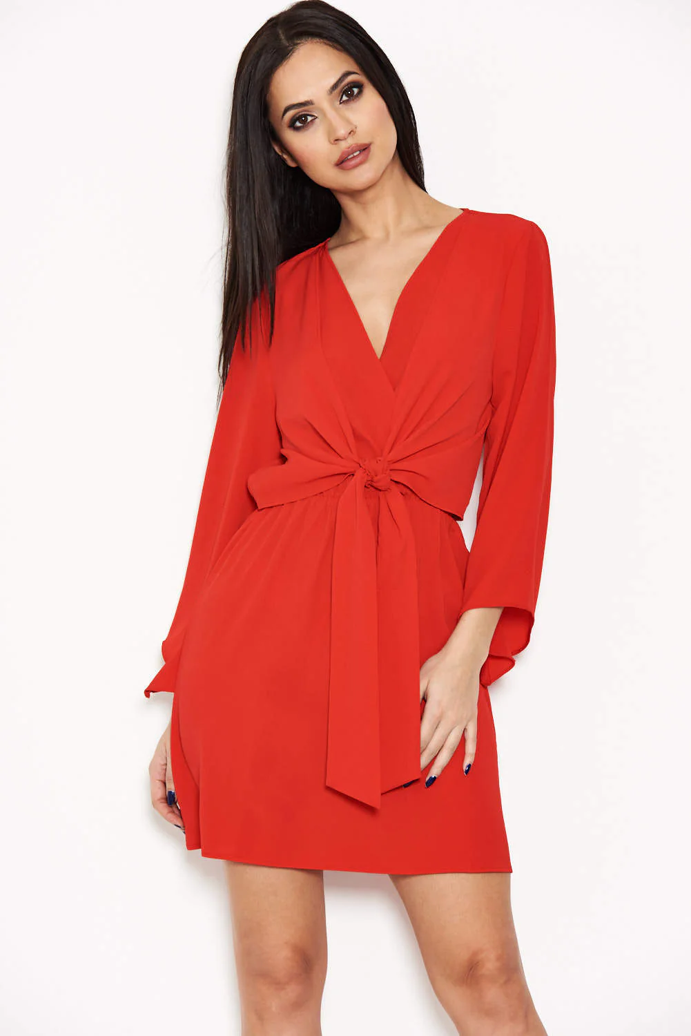 Red Tie Front Day Dress - Image 2