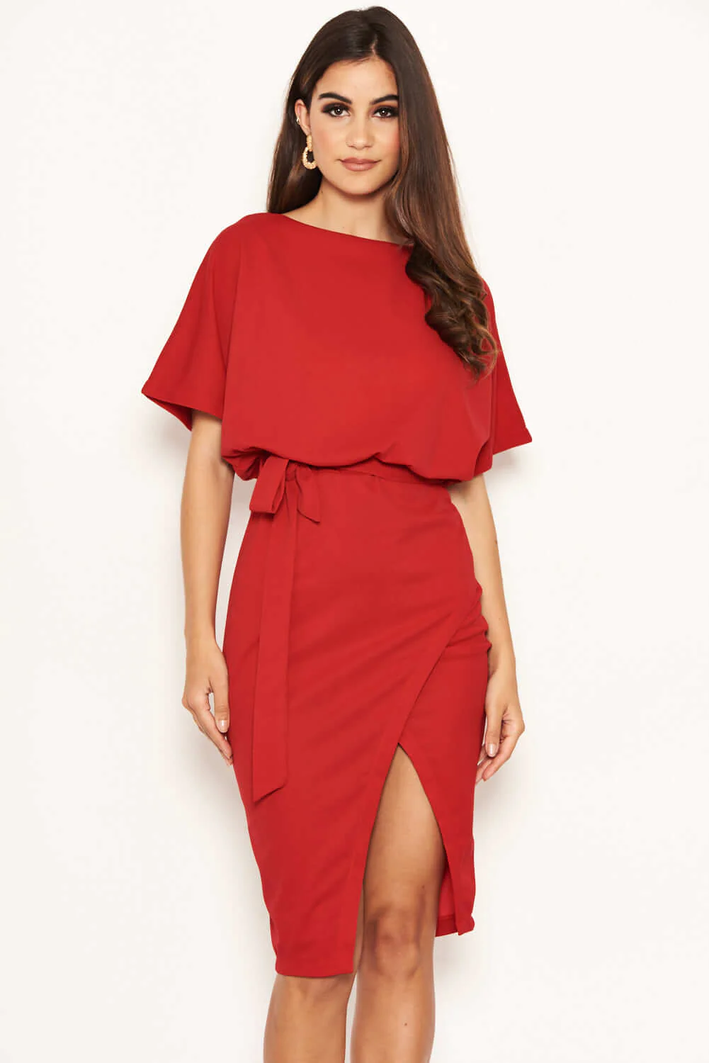 Red Tie Waist Midi Dress - Image 5