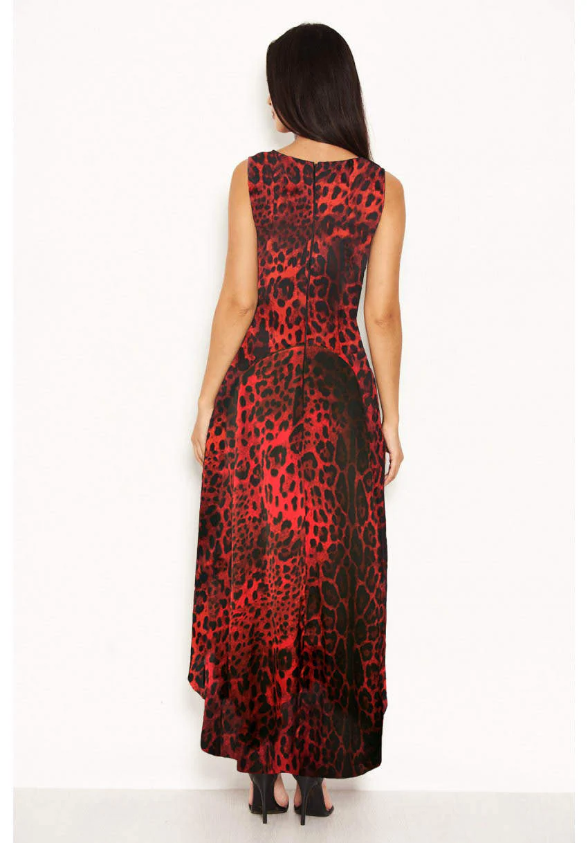 Red V Neck Animal Print Dress - Image 2