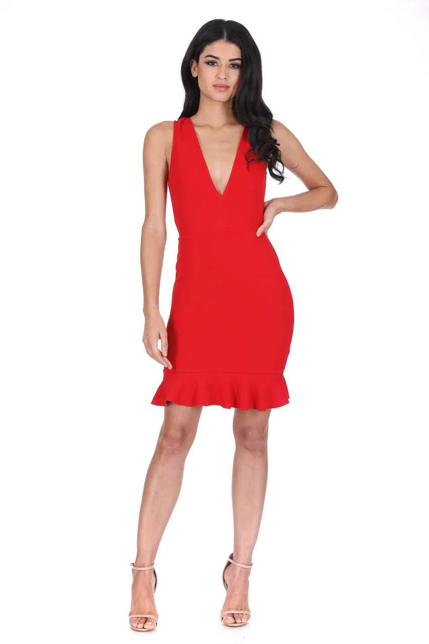 Red V Neck Fishtail Mini Dress - Image 2