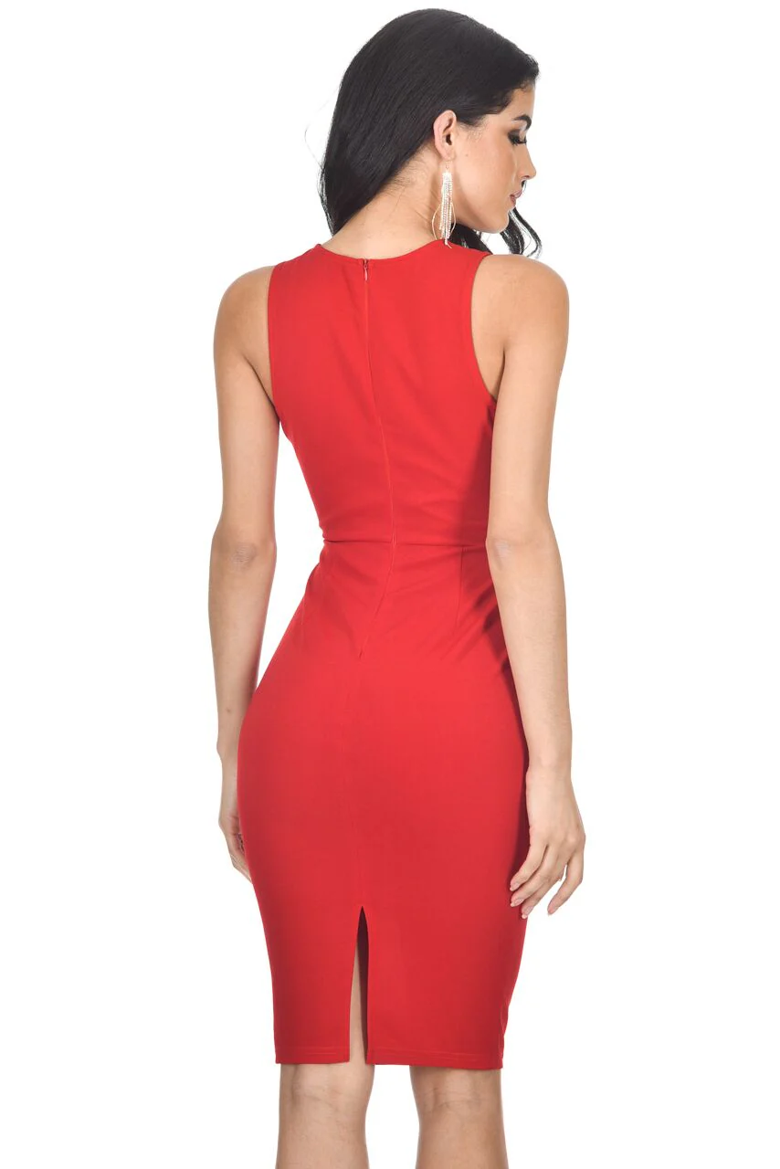 Red V-Neck Front Frill Bodycon Dress - Image 3