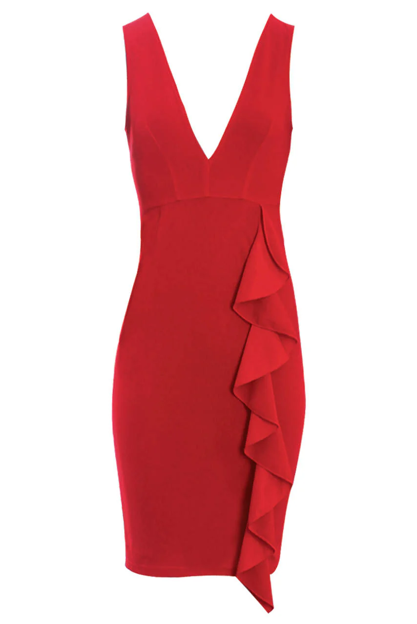 Red V-Neck Front Frill Bodycon Dress - Image 4