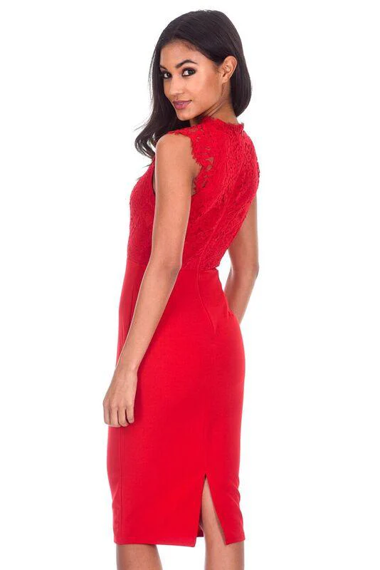 Red V-Neck Lace Midi Dress - Image 3