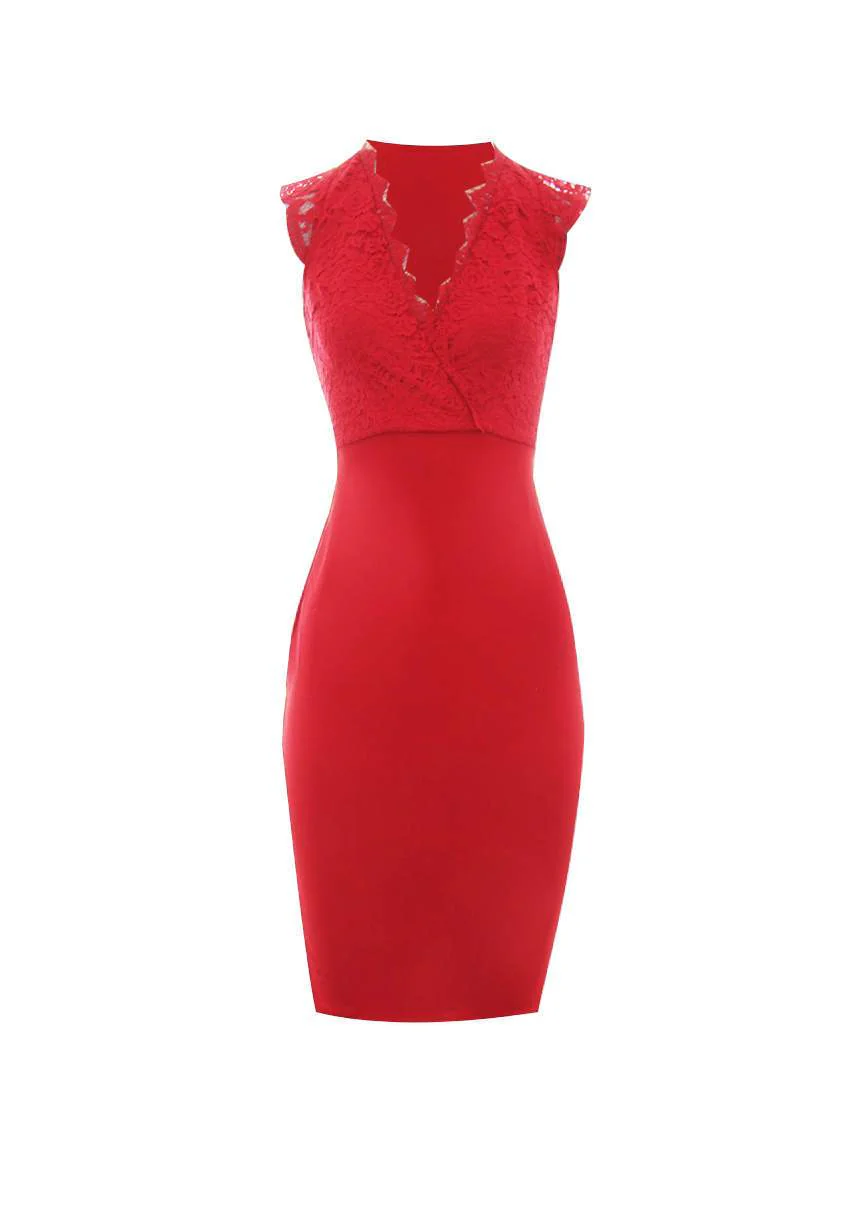 Red V-Neck Lace Midi Dress - Image 4