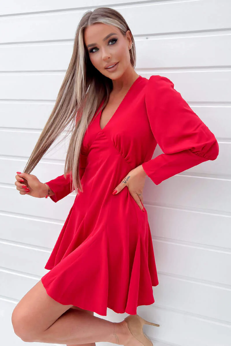 Red V-Neck Long Sleeve Skater Dress - Image 3