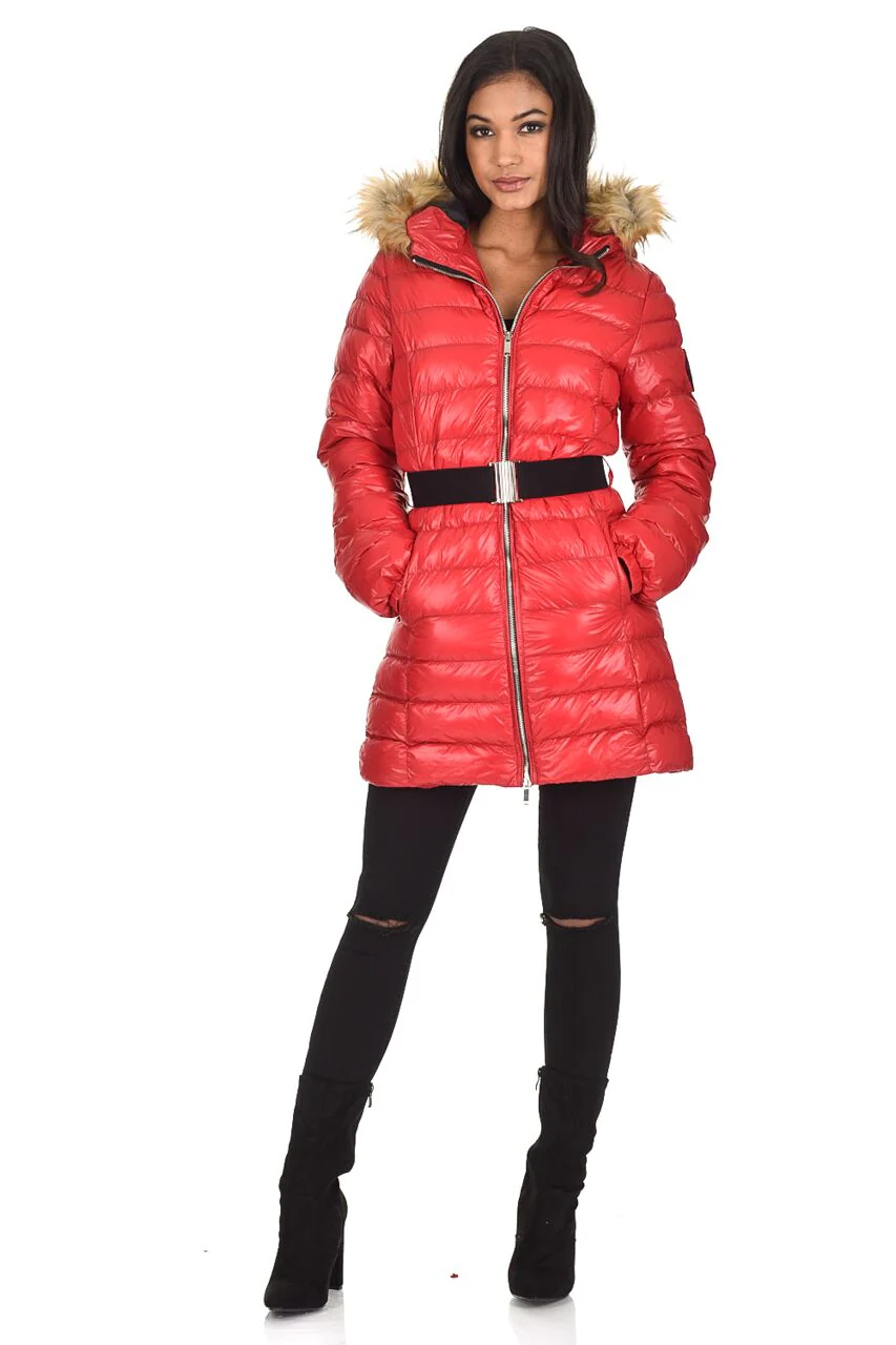 Red Wet Look Long Puffer Coat - Image 2