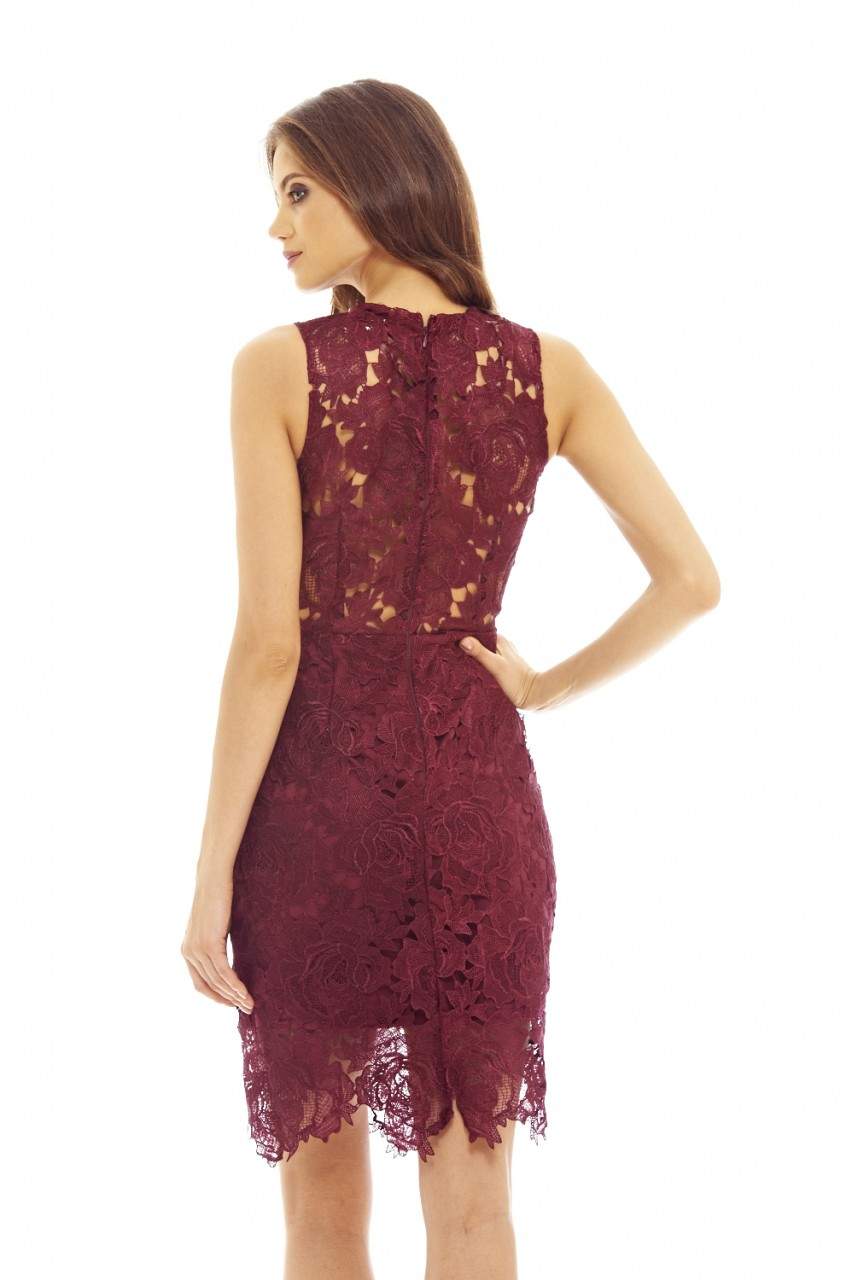 Red Wine Lace Crochet Dress with Sleeveless Detail - Image 5