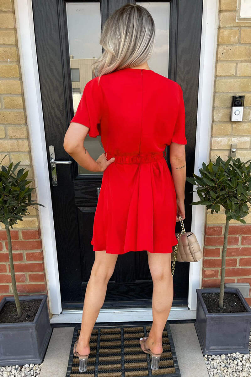 Red Wrap Over Belted Skater Dress With Short Sleeves - Image 4