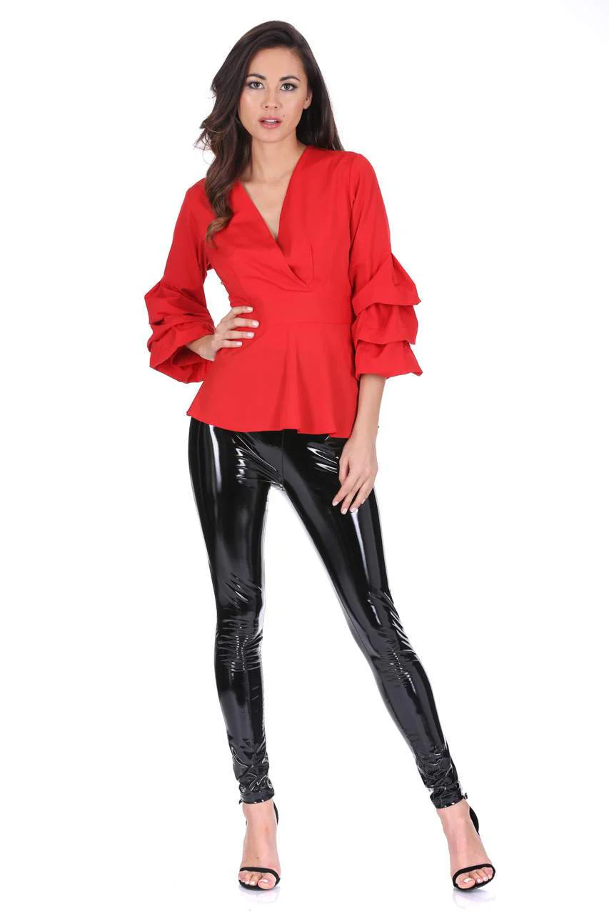 Red Wrap Ruffle Sleeve Top - Image 2
