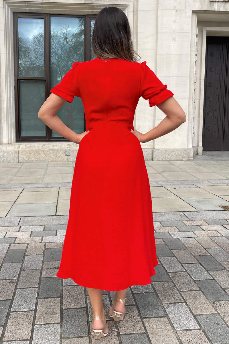 Red Wrap Side Tie Midi Dress - Image 4