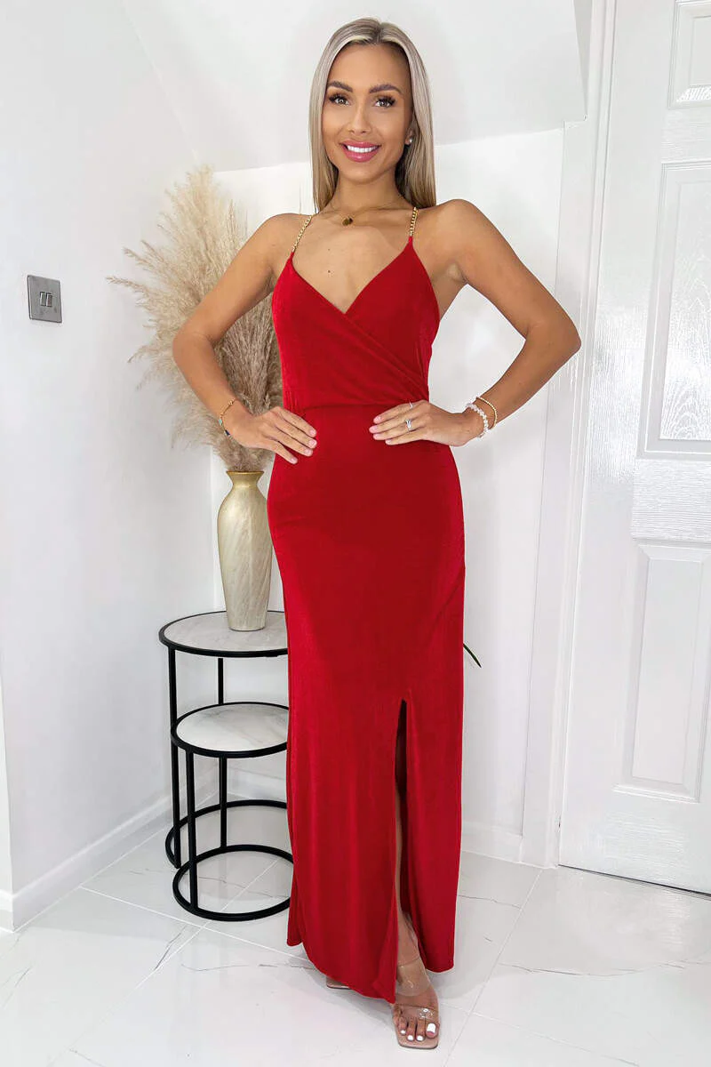 Red Wrap Top Ruched Side Chain Strap Midi Dress - Image 2