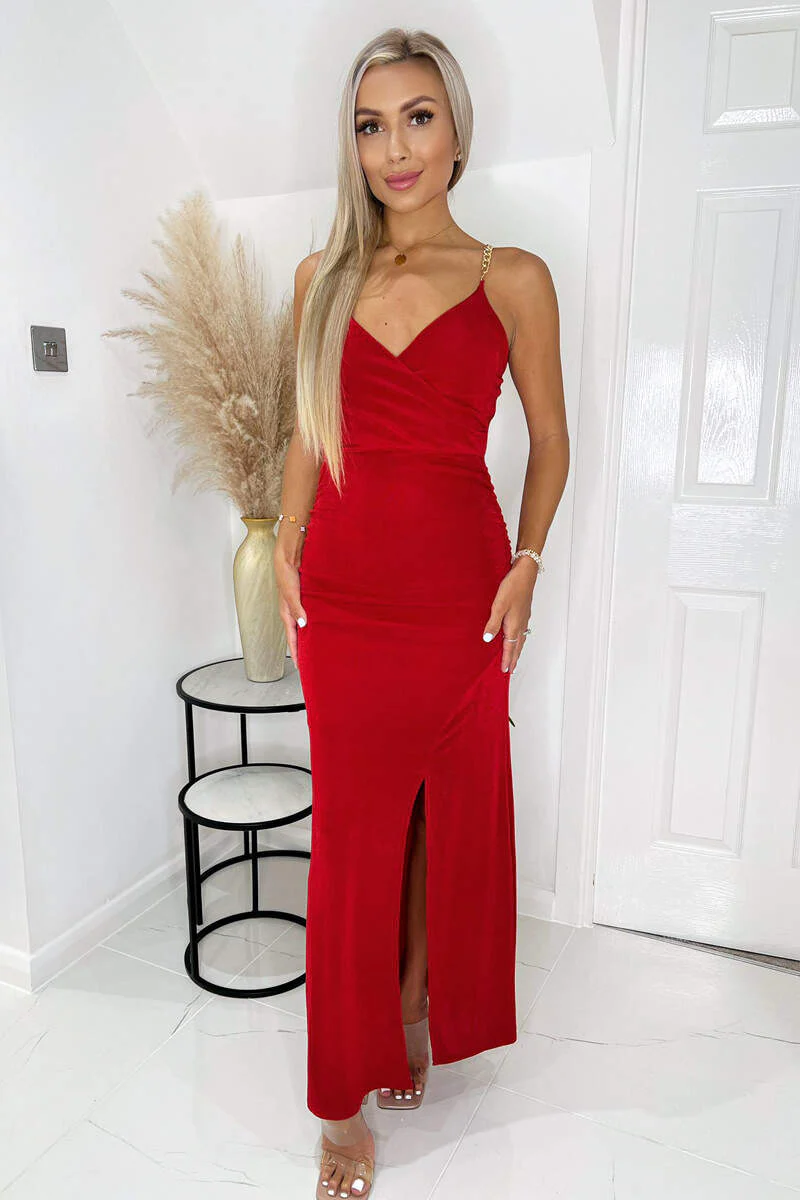 Red Wrap Top Ruched Side Chain Strap Midi Dress - Image 3