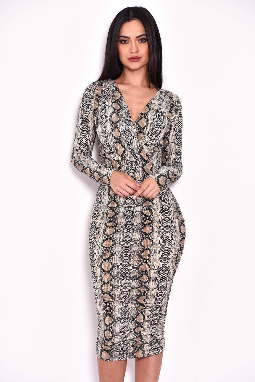 Ruched Snakeskin Slinky Wrap Dress - Image 5