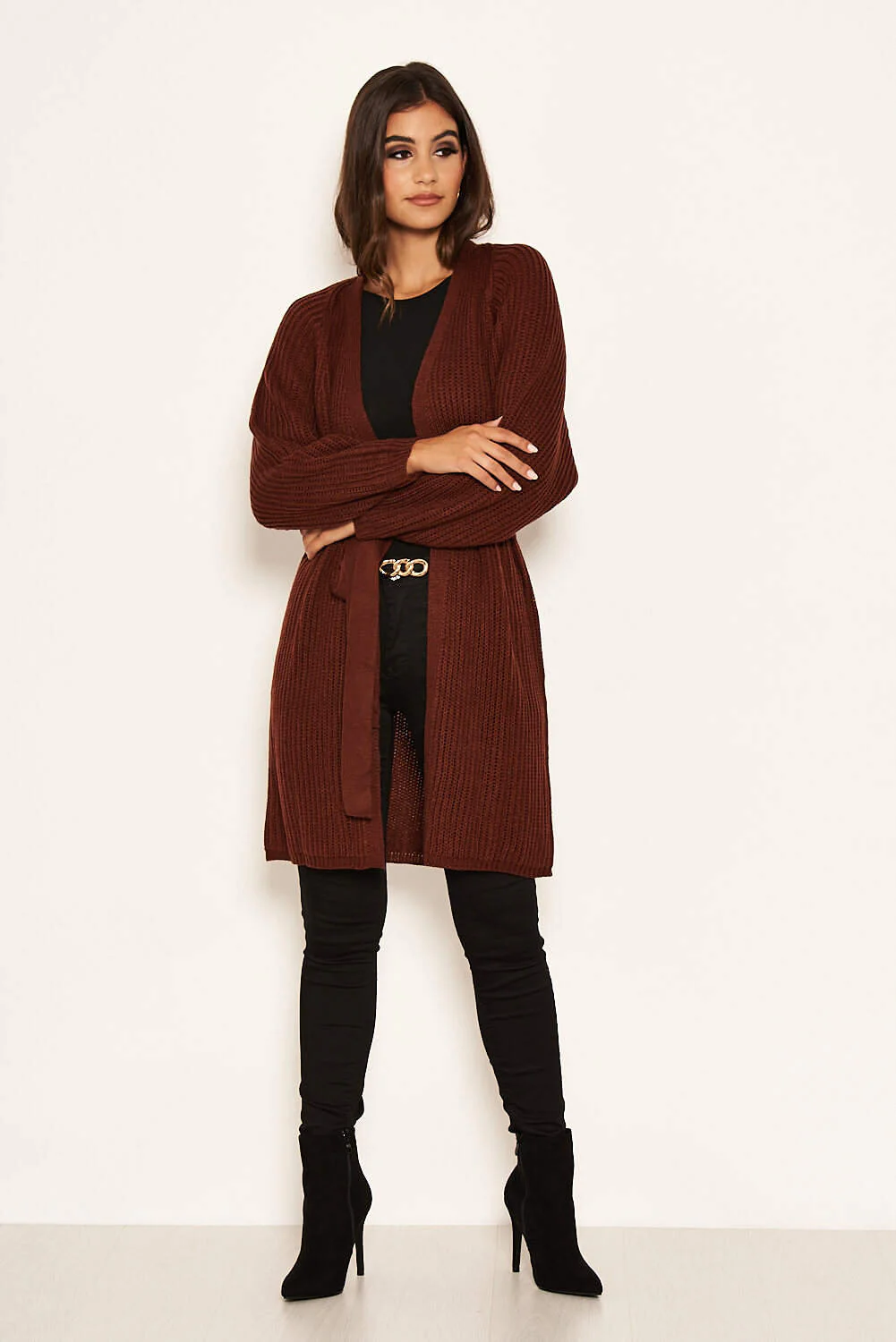 Rust Belted Batwing Knit Cardigan - Image 3