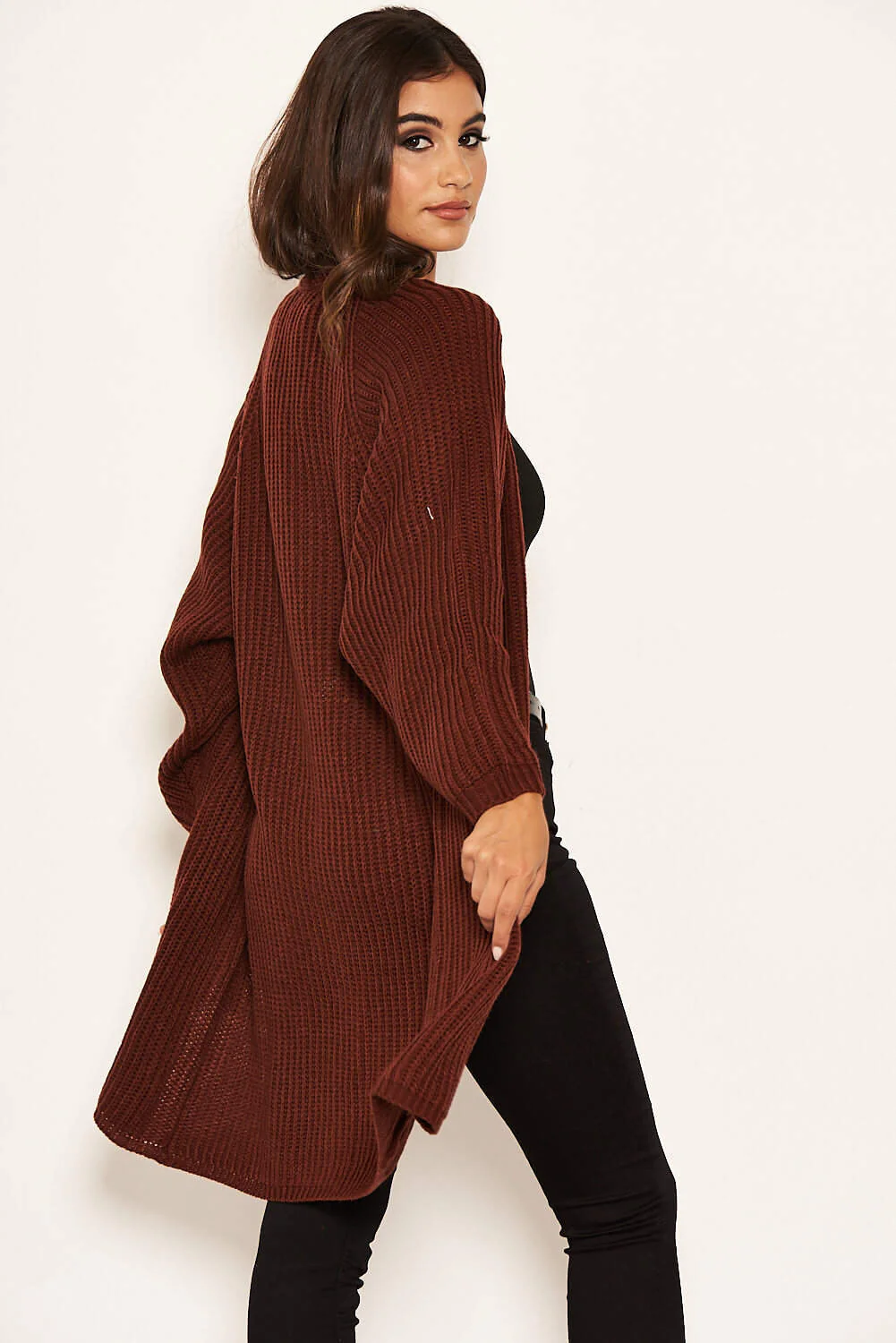 Rust Belted Batwing Knit Cardigan - Image 4
