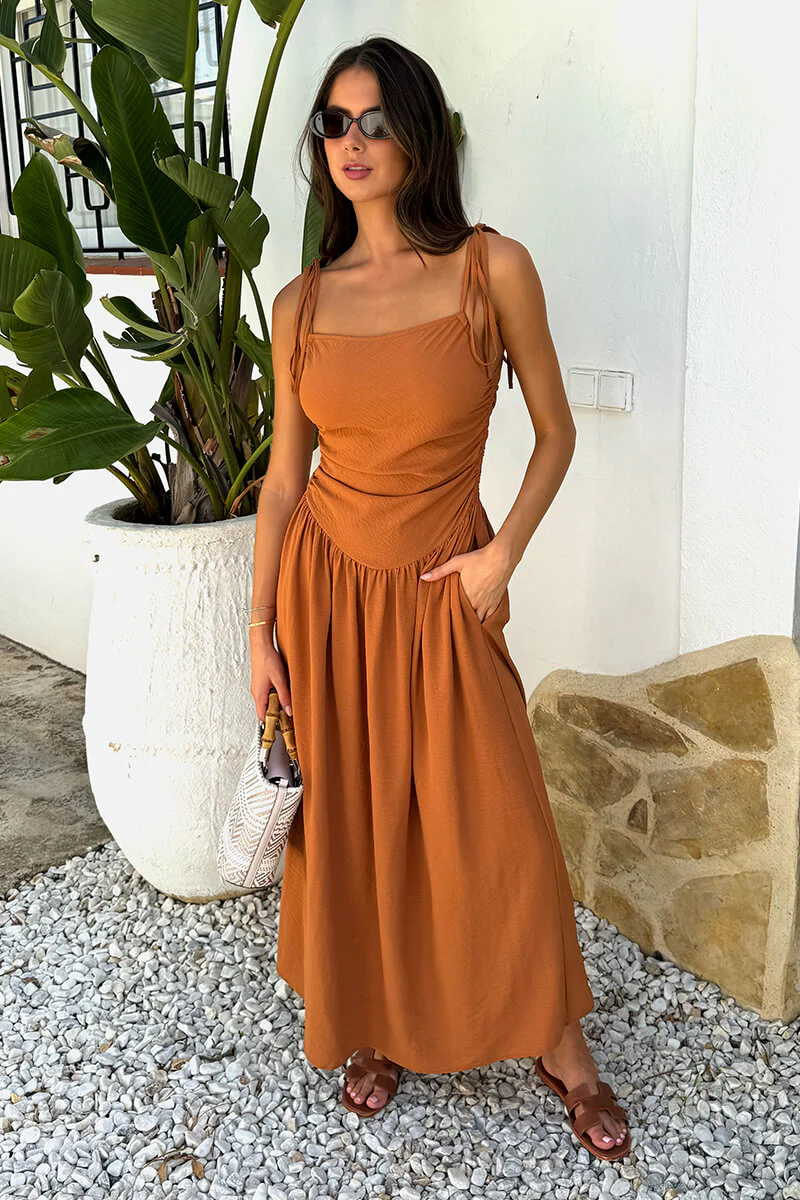 Rust Drawstring Tie Straps Ruched Top Midi Dress - Image 2