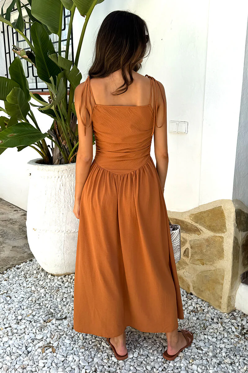 Rust Drawstring Tie Straps Ruched Top Midi Dress - Image 5