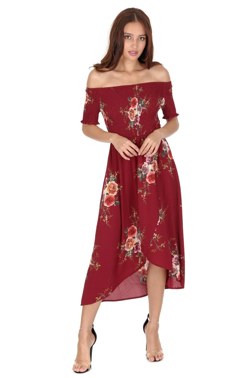 Rust Floral Bardot Printed Dress - Image 2