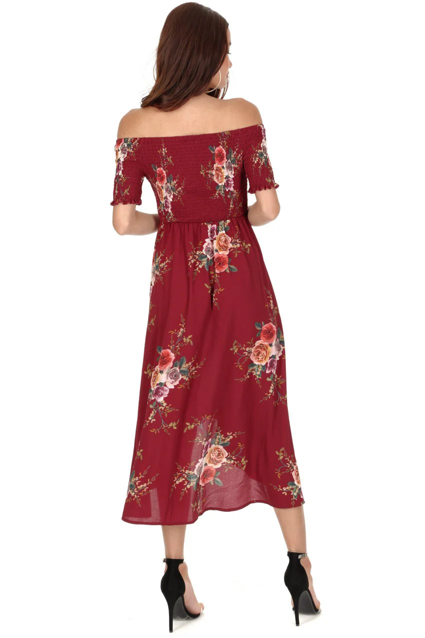Rust Floral Bardot Printed Dress - Image 3