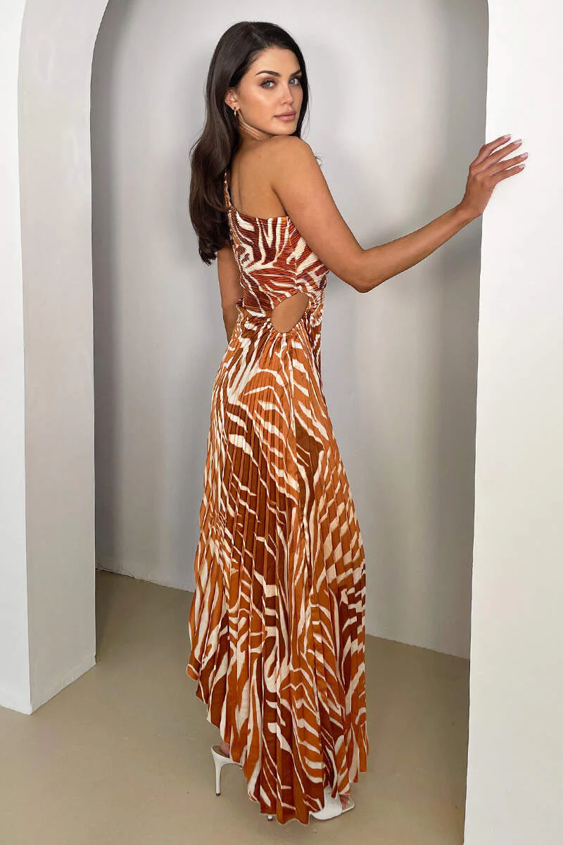 Rust Printed One Shoulder Pleated Midi Dress - Image 4