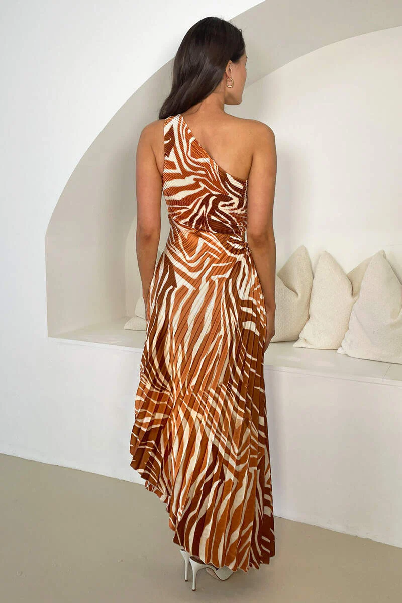 Rust Printed One Shoulder Pleated Midi Dress - Image 5