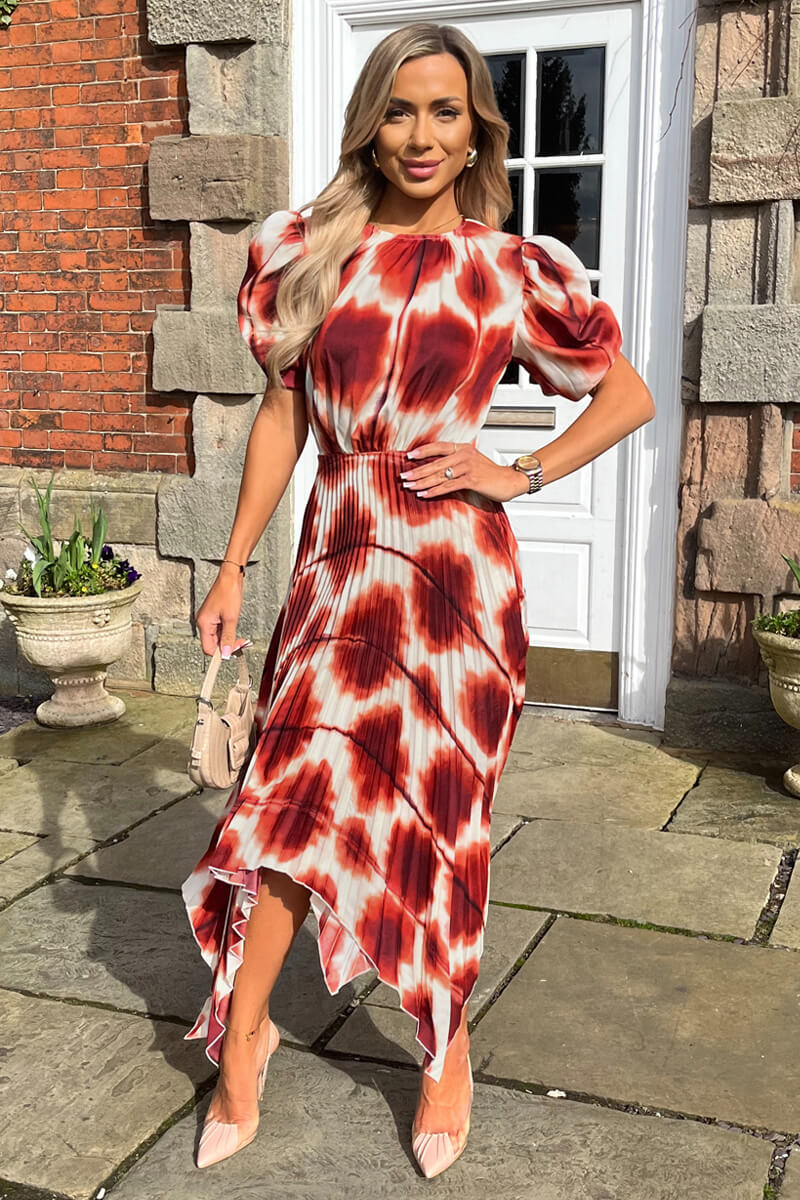 Rust Printed Puff Sleeve Zig Zag Hem Pleated Midi Dress - Image 2