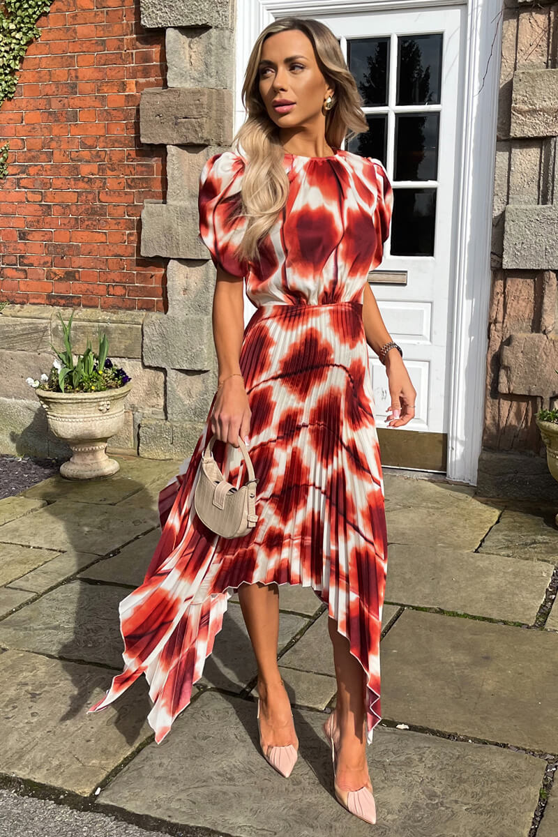 Rust Printed Puff Sleeve Zig Zag Hem Pleated Midi Dress - Image 3