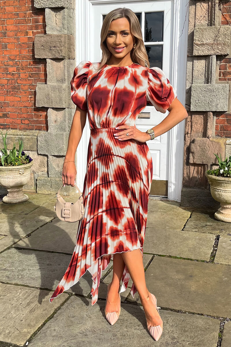 Rust Printed Puff Sleeve Zig Zag Hem Pleated Midi Dress - Image 4