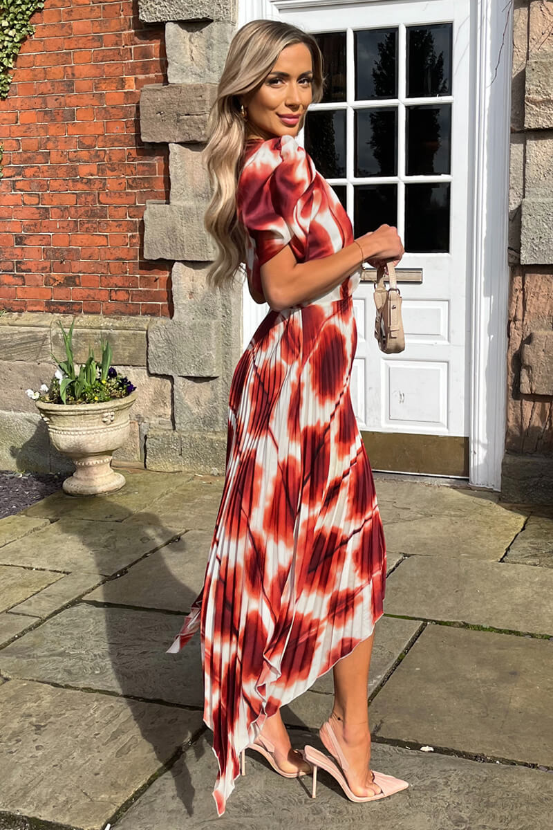 Rust Printed Puff Sleeve Zig Zag Hem Pleated Midi Dress - Image 5
