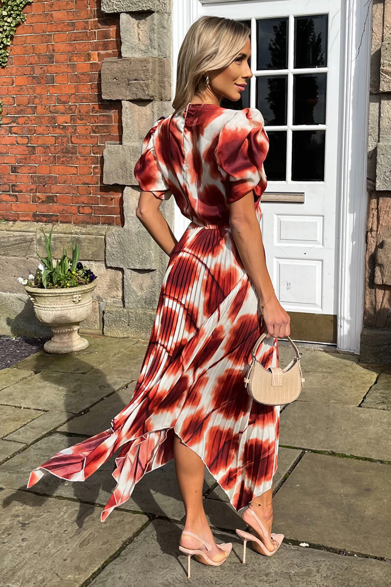 Rust Printed Puff Sleeve Zig Zag Hem Pleated Midi Dress - Image 6